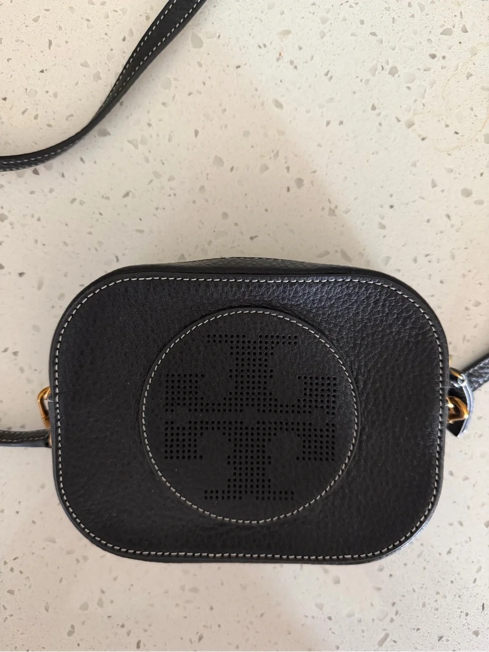 Tory Burch Black Pebbled Leather Perforated Logo Crossbody